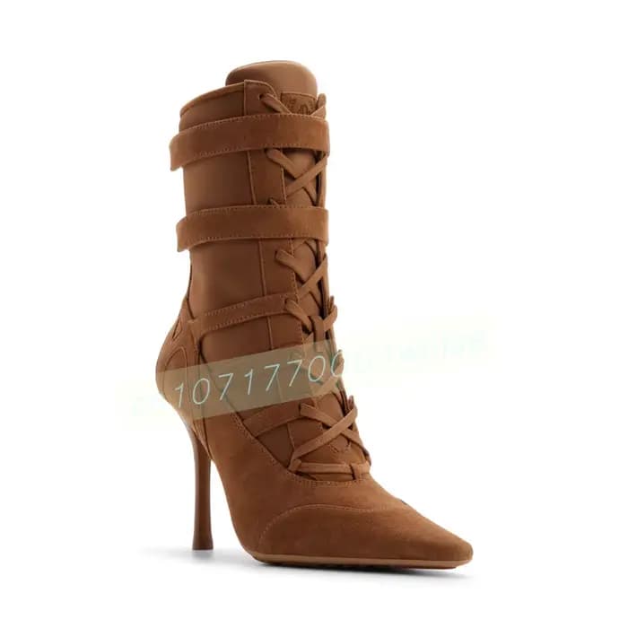 Bottines à talons aiguilles et bout pointu pour femmes, en similicuir, avec lacets et fermeture écla
