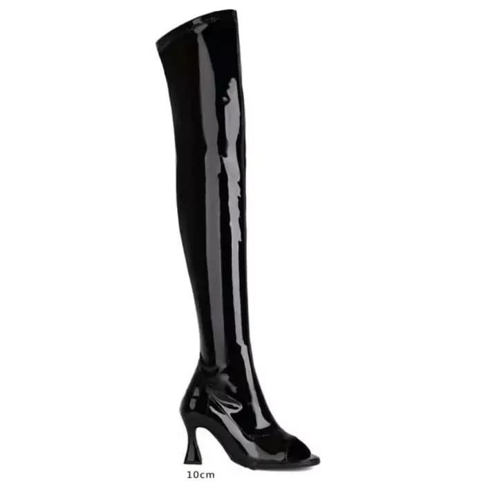 Bottes de moto en cuir noir élastique, bottes au-dessus du genou, bouche de poisson ouverte, Parker,