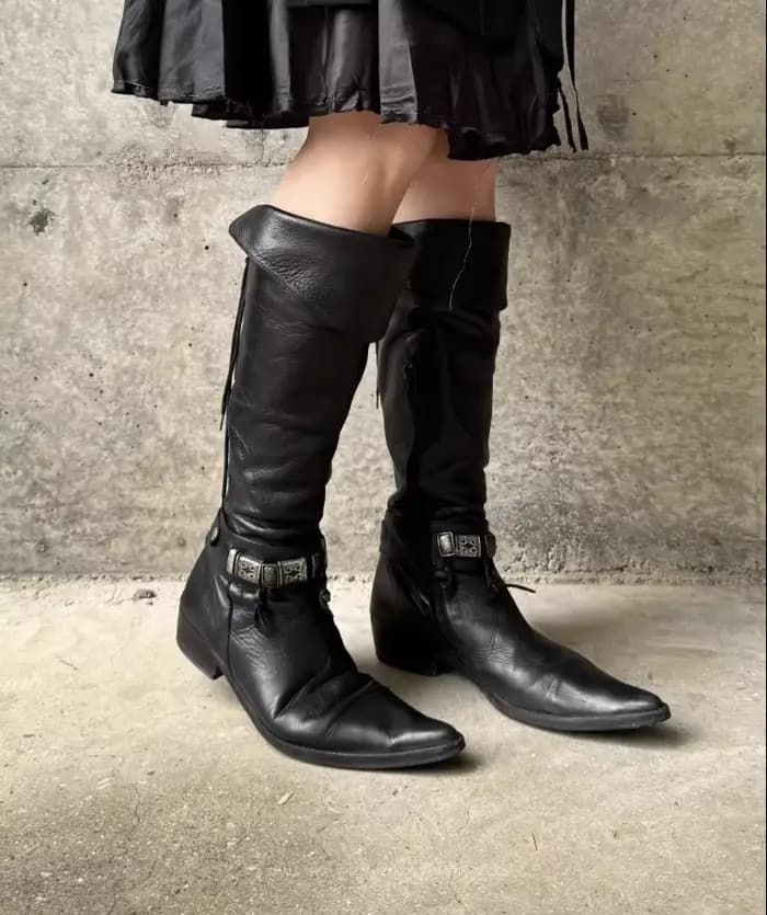 Bottes hautes Vintage à bout pointu avec boucle en métal noir, chaussures plates à lacets en cuir so