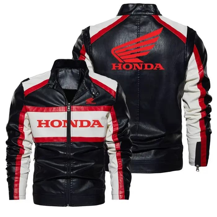 Veste en cuir Honda, conception à fermeture éclair à col montant, veste en cuir de couleur contrasté