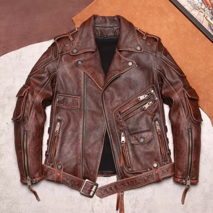 Blouson de moto en cuir marron pour homme, coupe slim, vintage, coupe-vent et chaud, 4 saisons, vest