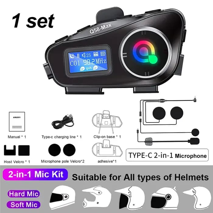 Interphone pour casque de moto, Bluetooth 5.3, écran LCD, casque pour 2 coureurs, avec partage de mu