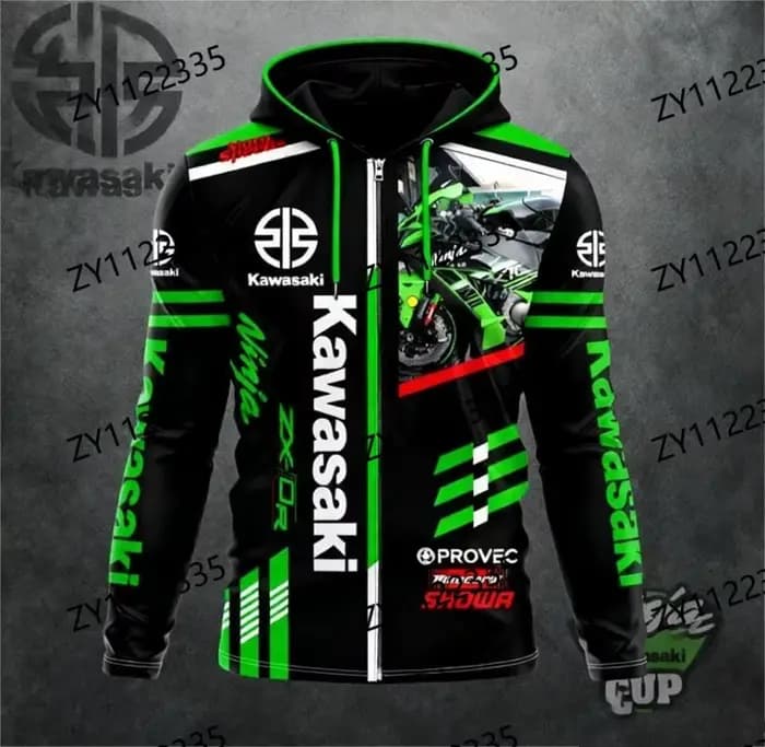 Sweat à capuche à thème moto Kawasaki avec fermeture éclair, imprimé tendance, mode décontractée pou