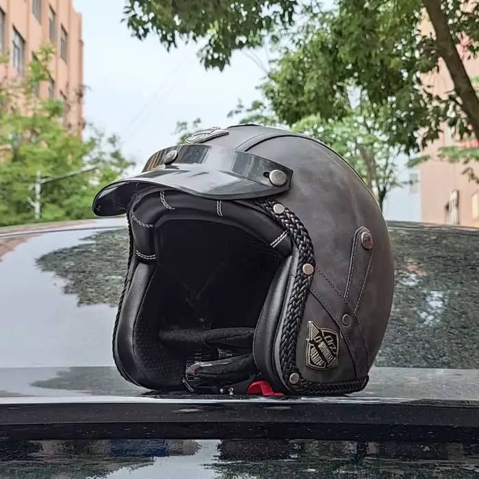 ORZ rétro 3/4 casque de Moto en cuir PU ouvert croisière vélo Casco Vintage Para Moto