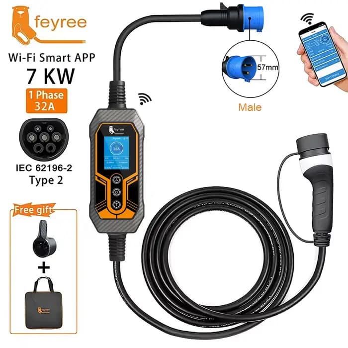 Feyree chargeur EV Portable Type2 32A 7KW EVSE Wi-Fi APP contrôle courant réglable synchronisation i