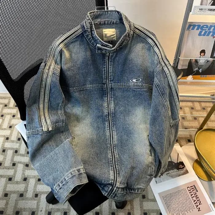 Veste en jean pour homme de style américain, col rayé, printemps automne, veste décontractée, mode, 
