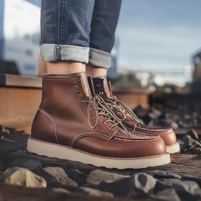 Bottes de moto vintage marron Maden pour hommes, bottes hautes à lacets pour le travail, l'automne e