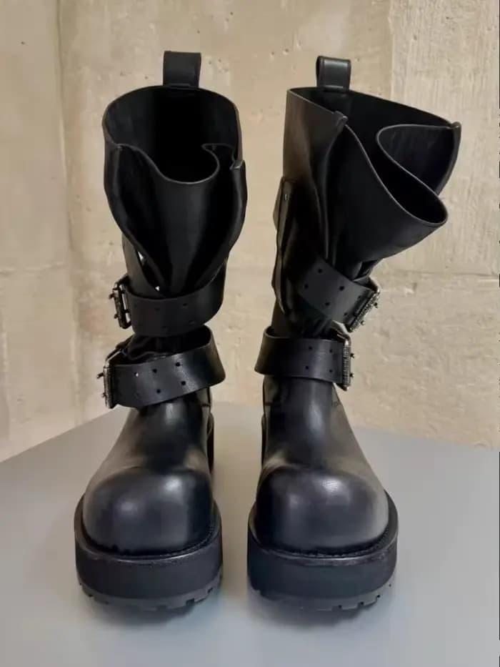 Bottes longues de moto à boucle de ceinture pour hommes et femmes, style rétro vintage, bottes haute