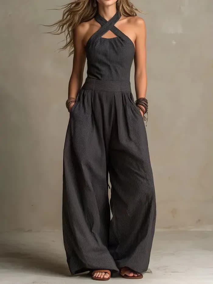 Combinaison en coton et lin pour femme, col croisé, design halter, confortable et respirante, idéale
