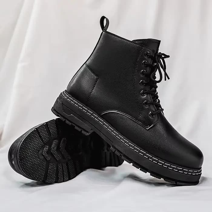 Bottes de combat en cuir noir pour hommes - Bottes à lacets à tige haute décontractées pour le trava