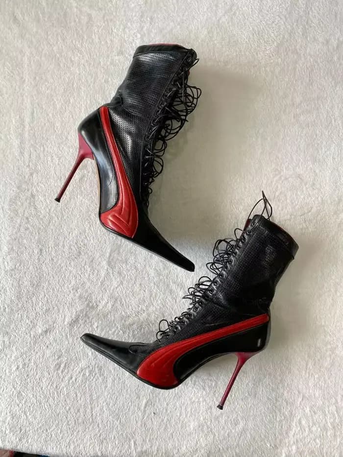 Bottes de moto en cuir noir et rouge sexy pour femmes, bottines à lacets à bout pointu, talons hauts