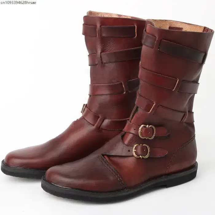Bottes mi-mollet en cuir vintage à multiples boucles pour hommes