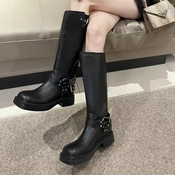 Mode boucle de ceinture bottes gothiques pour femmes marron talons épais genou haute