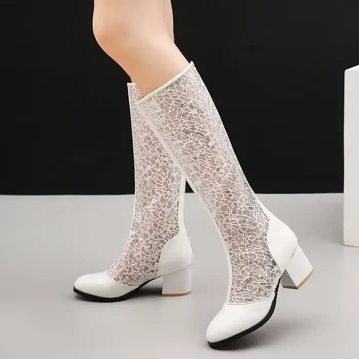 Printemps été femmes bottes mode genou botte haute fermeture éclair talons bas décontractés maille respirant blanc bleu dames chaussures de fête grande taille