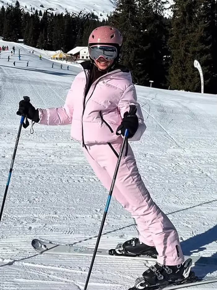 Combinaison de ski chaude pour femme avec ceinture, col montant, manches longues, fermeture éclair, coupe droite, épaisse, collection Hiver 2026, vêtements chics pour femme