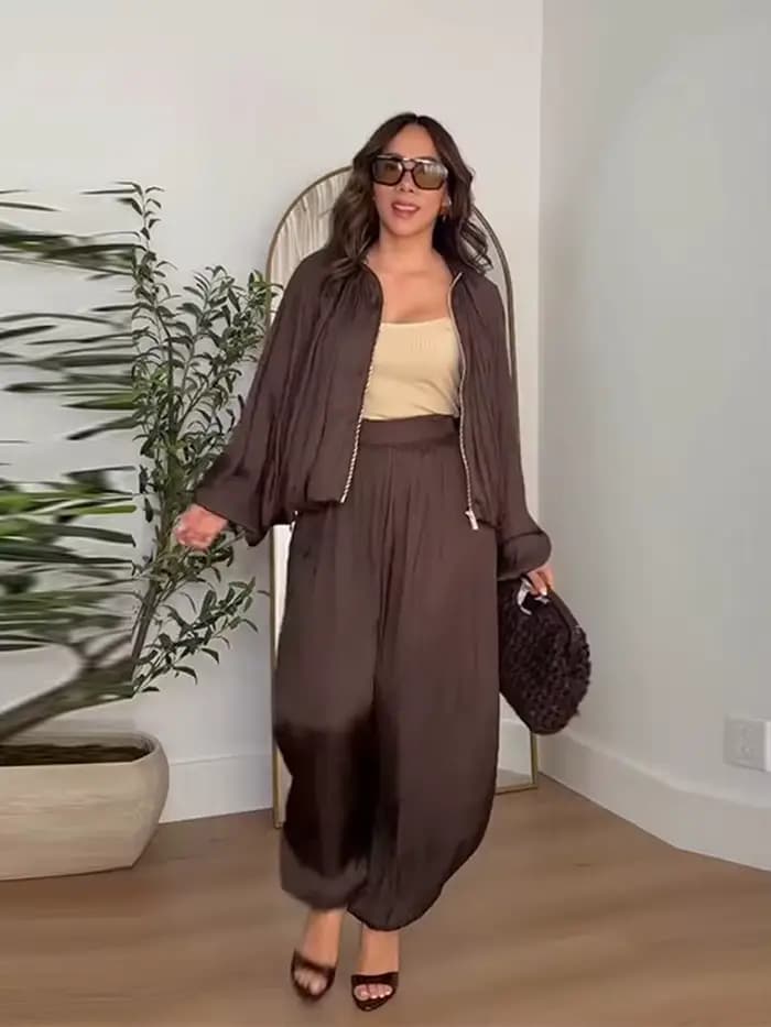 Ensembles de pantalons pour femmes en satin, veste ample à manches longues style pilote, pantalon lantern à taille élastique, tenues chics pour femmes, nouveautés printemps