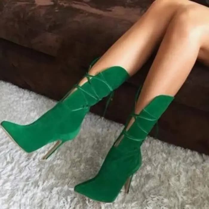 Femmes Sexy talons hauts bottes vertes à lacets mi-mollet chaussons bout pointu dame bottes de fête femme Botas