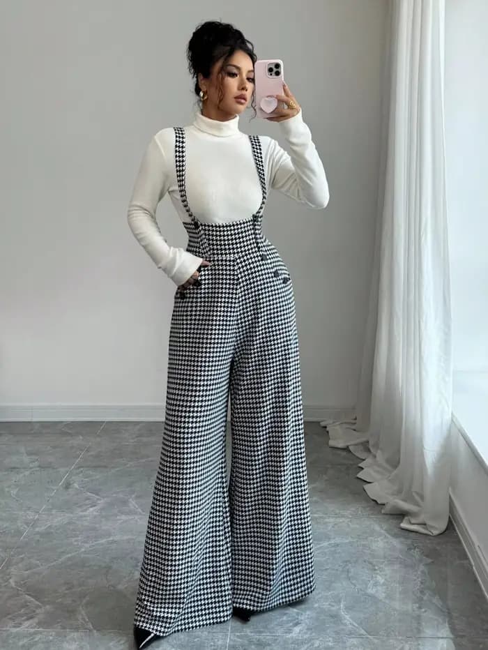 Combinaison pour femme, combinaison d'hiver, noir et blanc, vintage, pantalon à jambes larges, bretelles, pour le bureau, les trajets quotidiens, vêtements décontractés pour femmes