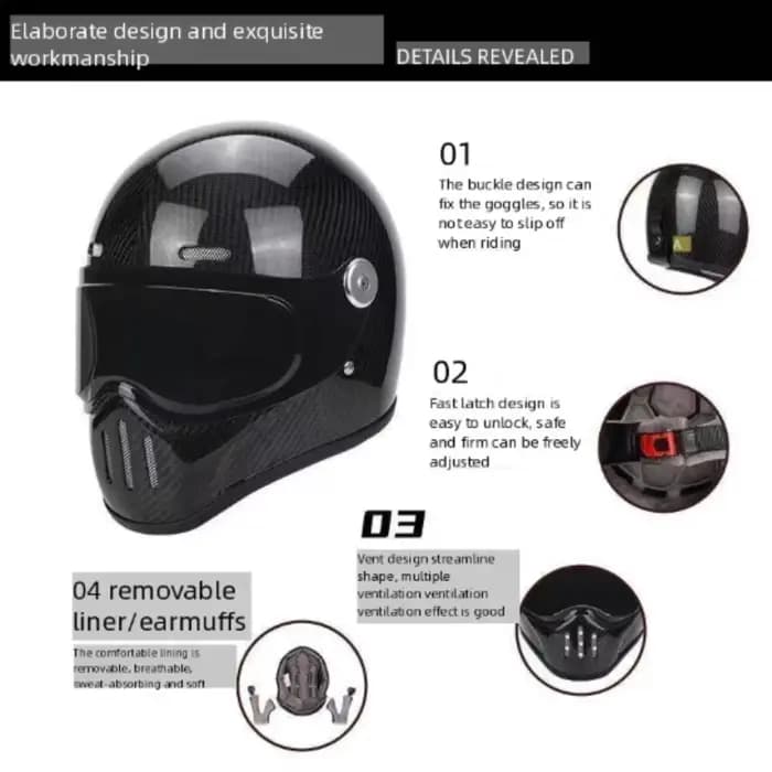 C-Ridng Casque de moto intégral en fibre de carbone véritable certifié DOT avec lentille amovible foncée