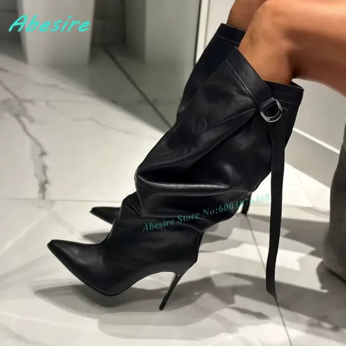Bottes hautes en daim rouge à bout pointu avec boucle et talons aiguilles pour femme – Chaussures décontractées et élégantes pour le style urbain quotidien