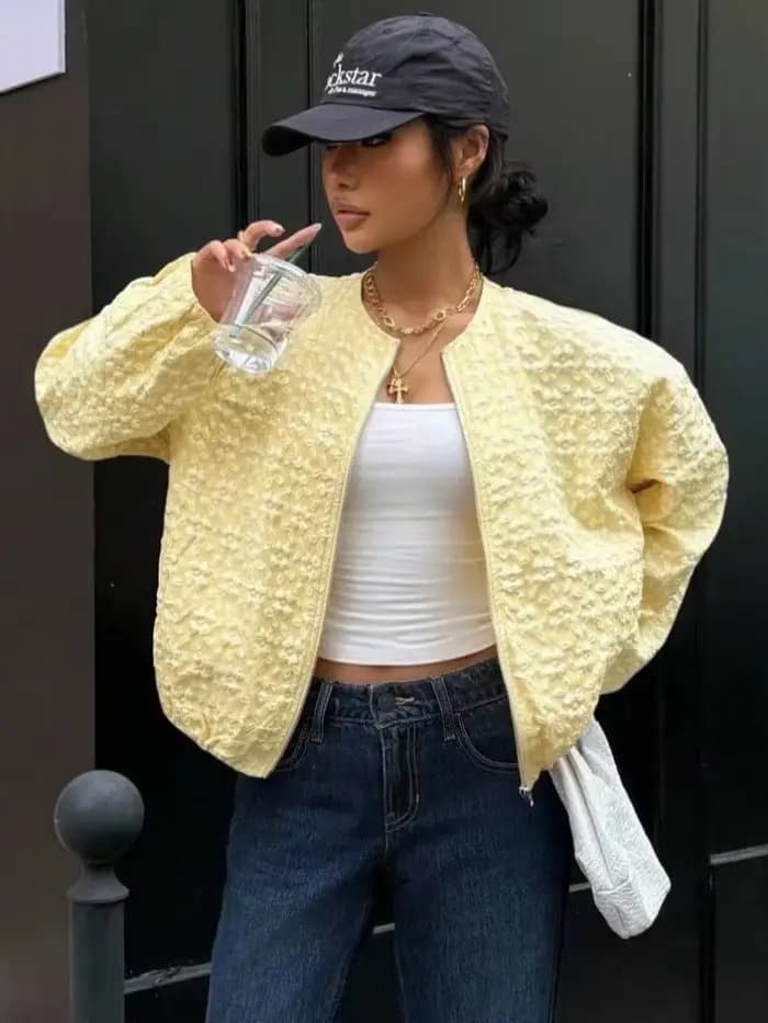 Femmes jaune Jacquard veste mode col rond fermeture éclair manches longues ample recadrée manteau dame décontracté haute rue vêtements d'extérieur quotidiens