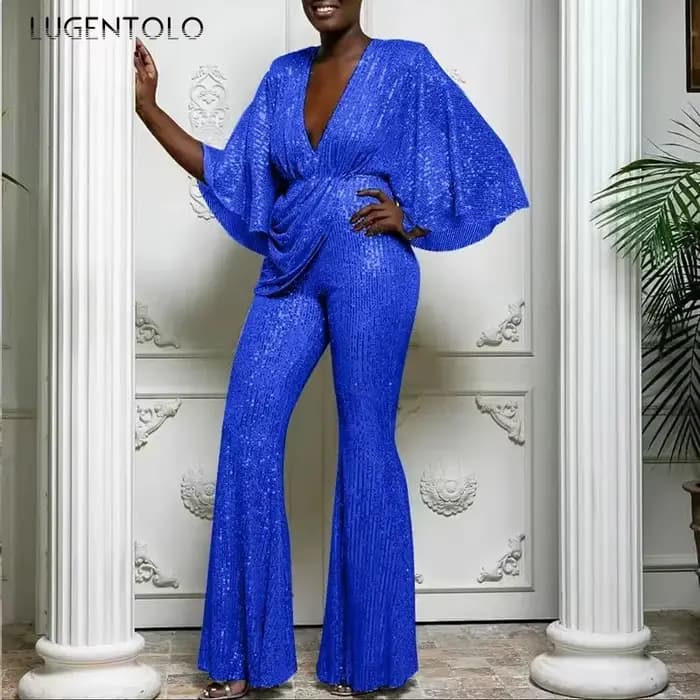 Combinaison à paillettes pour femmes, Sexy, décolleté en V profond, dos nu, élégante, mode, manches mi-longues, pantalon à jambes larges, nouvelles combinaisons de fête