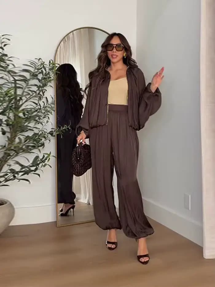 Ensembles de pantalons pour femmes en satin, veste ample à manches longues style pilote, pantalon lantern à taille élastique, tenues chics pour femmes, nouveautés printemps