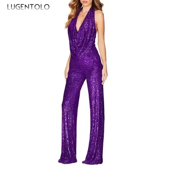 Paillettes Sexy combinaisons femmes licou mode fête d'été élégant sans manches femme nouvelle taille haute rue droite barboteuses