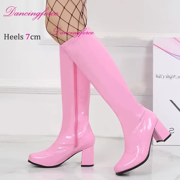 Bottes hautes vernies rouge, blanc et rose, style Go-Go années 60-70, pour femme, à talons carrés, chaussures de soirée GoGo, bout carré