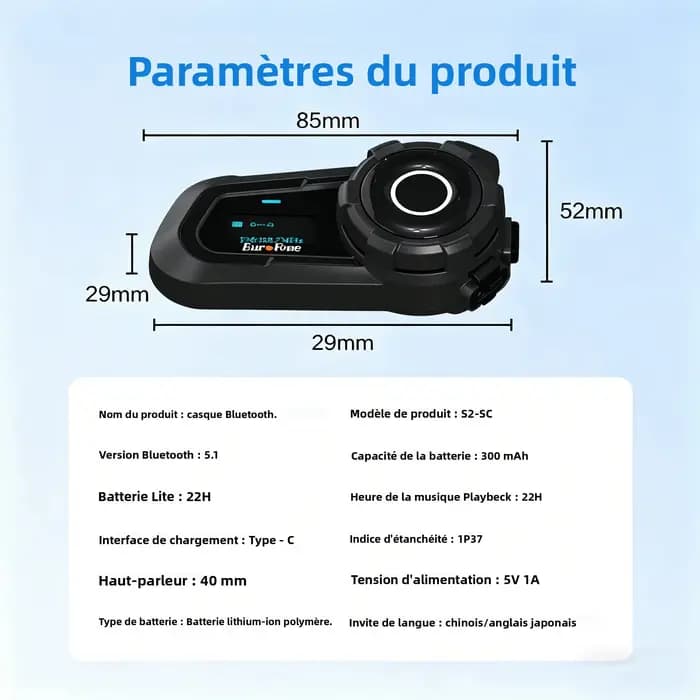 Casque Bluetooth pour moto avec interphone 3 voies et écran LED