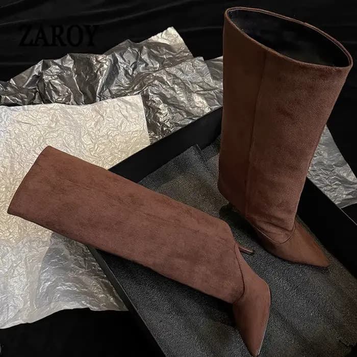 Bottes à talons hauts pointus de 8 cm pour femme, en daim, polyvalentes, mi-mollet, pour banquets, bottines de marque de créateur