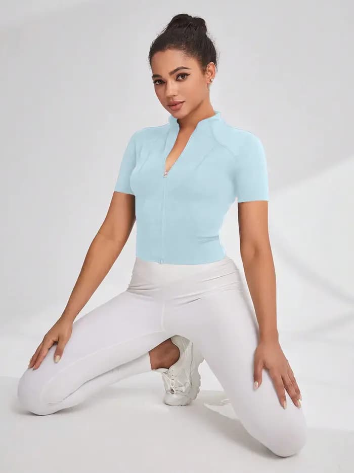 Haut de costume de yoga pour filles, veste haut de gamme à fermeture éclair complète, T-shirt de sport, entraînement, course à pied, manches courtes, été