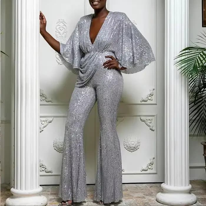 Combinaison dos nu à paillettes pour femmes, demi-manches, pantalon à jambes larges, combinaisons de fête, Sexy