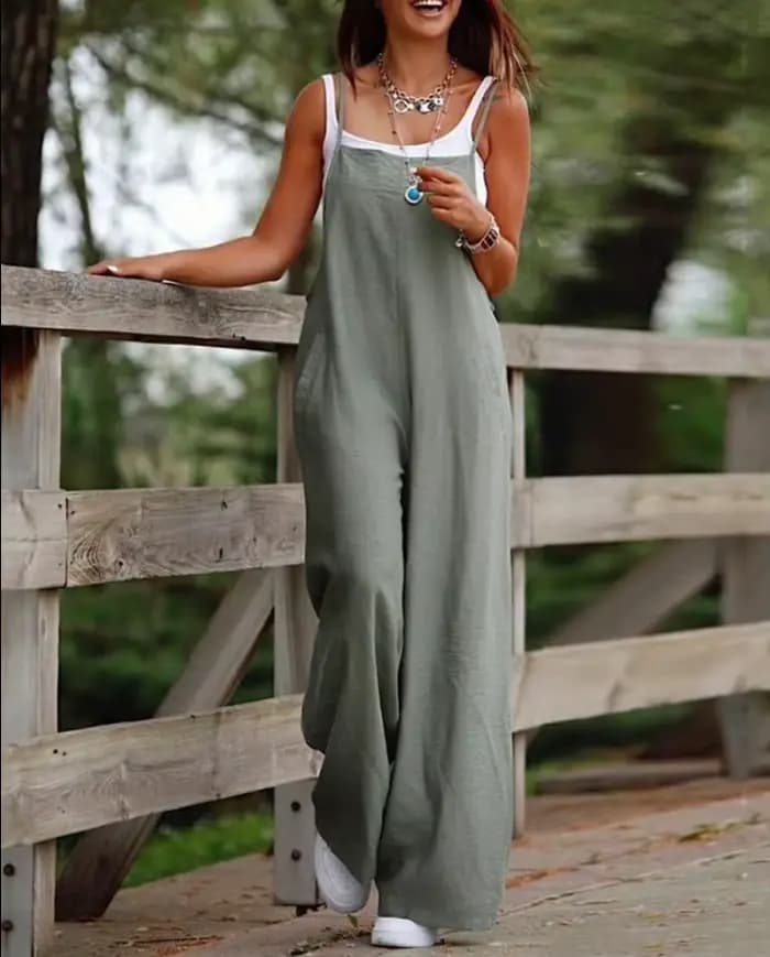 Combinaison en lin pour femme, décontractée, sans manches, avec poches, coupe ample, jambes larges, style bohème, confortable