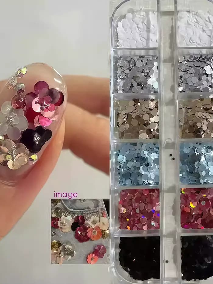 1 pièce d'accessoires pour nail art à 12 compartiments, à pois et pailletés, style Instagram ; accessoires pour nail art rétro à fleurs et paillettes.