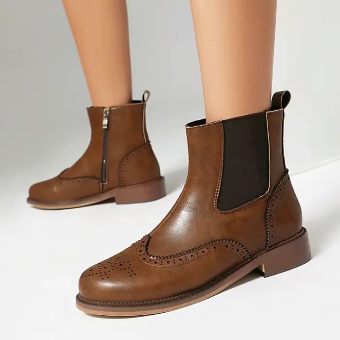 Bottines Chelsea classiques en cuir pour femmes, chaussures richelieu à bout d'aile, confortables, perforées, fermeture éclair latérale, bottines courtes
