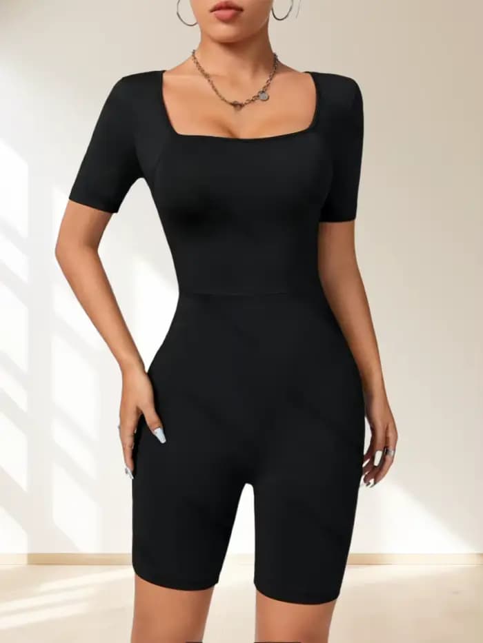 Combinaison pour femmes, adaptée à toutes les saisons, coupe cintrée, tricot Simple, haute élasticité, col carré, manches courtes, haut et Short