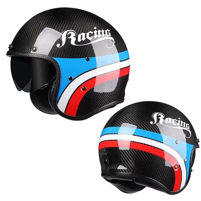 Casque Moto Vintage Jet Rétro 3/4 en Fibre de Carbone Authentique pour Cafe Racer avec Visière Intérieure
