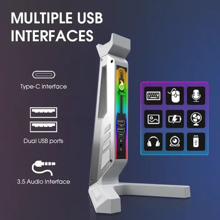 Support de casque RGB 2025 avec hub USB 2.0/ports Type-C, support de casque de jeu LED, offre de motifs et de service de logo personnalisés en cadeau