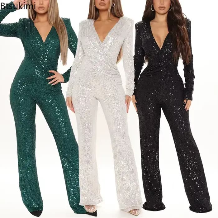 Nouvelle combinaison à sequins pour femme, manches longues, col en V, drapée, style streetwear, pour soirées et clubs, tenue de célébrité