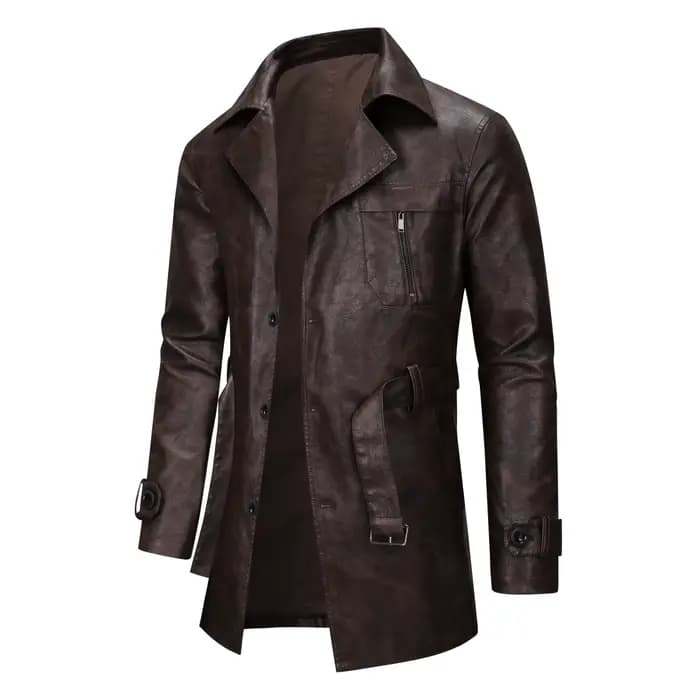 Cool à la mode mi à longue longueur veste en cuir hommes coupe ajustée Double boutonnage
