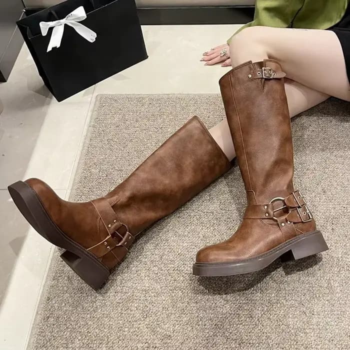 Mode boucle de ceinture bottes gothiques pour femmes marron talons épais genou haute
