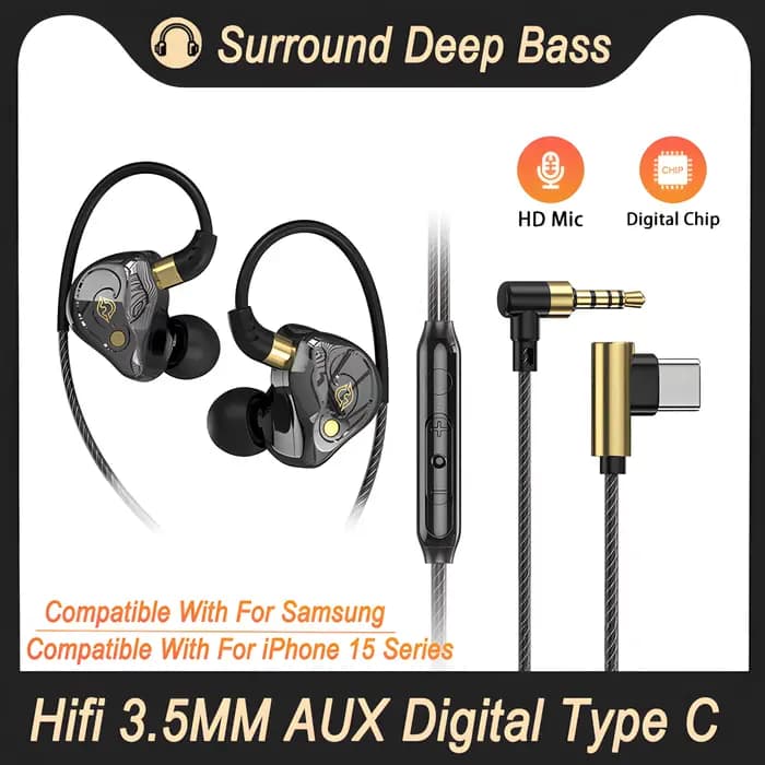 Écouteurs intra-auriculaires filaires USB Type C, pour iPhone 15 Pro Max, Samsung, Android, jeux stéréo de basse HiFi, avec micro, 3.5MM