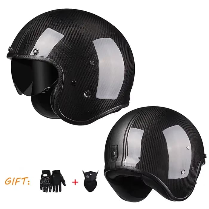 Casque Moto Vintage Jet Rétro 3/4 en Fibre de Carbone Authentique pour Cafe Racer avec Visière Intérieure
