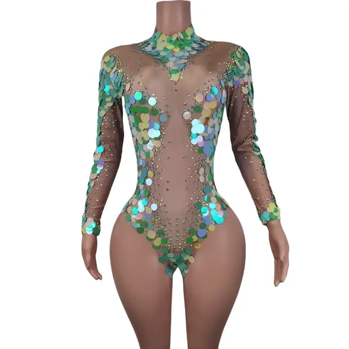 Sequin Jumpsuit Ladies Jazz Dance Show Clothing Party Sexy Rompers Women Party Mesh Rhinestone Bodycon Jumpsuits
