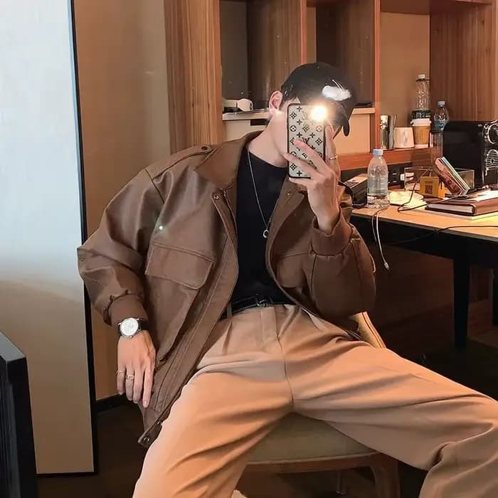 Veste en cuir ample à revers rétro japonais pour hommes et femmes