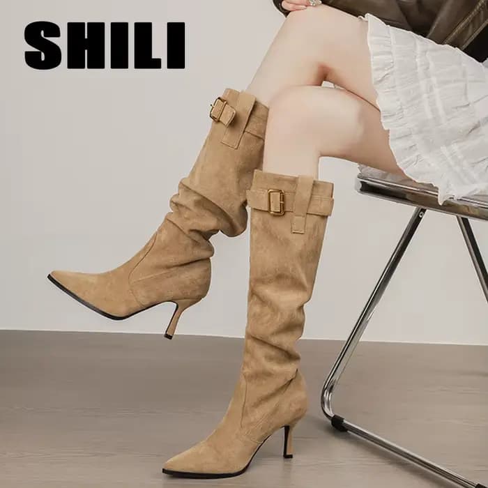 Bottes d'hiver à bout pointu pour femmes, talons hauts fins de 8 cm, bottes superposées avec boucle de ceinture, bottes épaisses polyvalentes, élégantes, pour soirée, bottines longues
