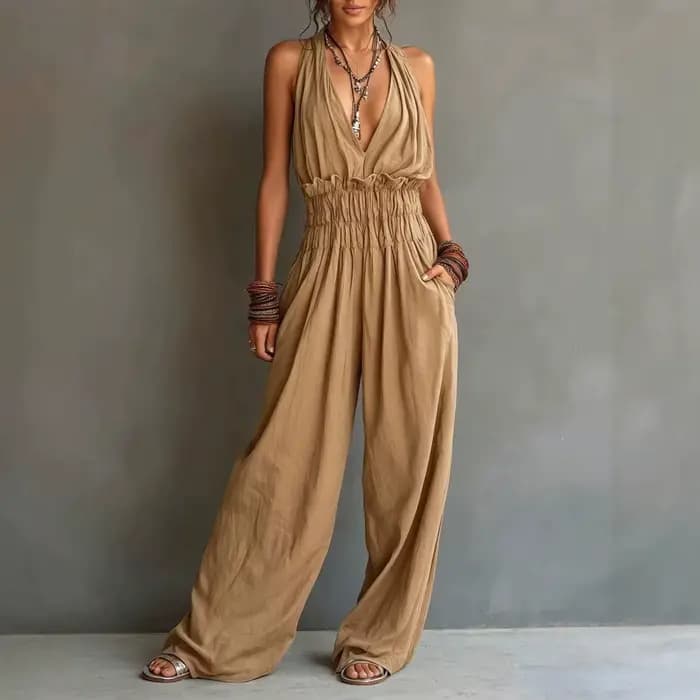Combinaison Halter pour femme, décolleté plongeant sans manches, dos nu, jambes larges, tenue décontractée fluide pour la plage avec poches