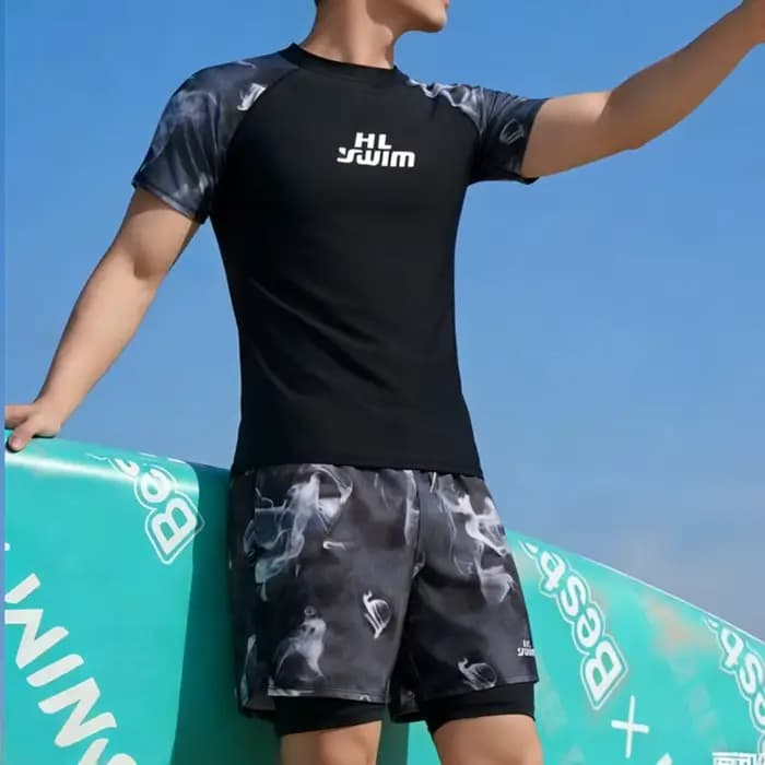 Ensemble de maillot de bain pour hommes, haut et bas à séchage rapide, maillot de bain deux pièces pour garçons, motif floral, tissu en polyester