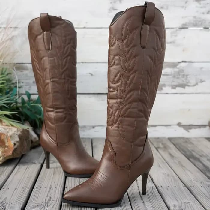 Bottes à talons hauts brodées à bout pointu pour femmes, bottes en cuir mi-mollet, style créateur, à enfiler, bottes longues d'hiver